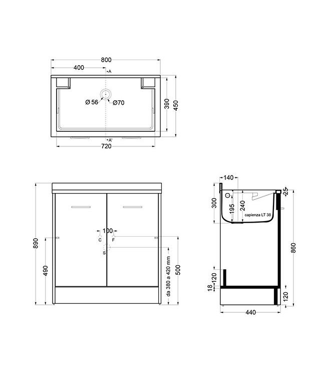 Colavene DL8045B  Lavatoio 80x45 cm con Vasca in ABS e Mobile Bianco