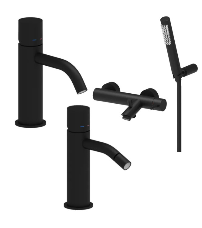 Set miscelatore lavabo e bidet senza leva con esterno doccia/vasca con supporto nero opaco - Light di Paffoni