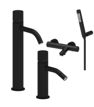 Set miscelatore lavabo prolungato e bidet senza leva con esterno doccia/vasca con supporto nero opaco - Light di Paffoni