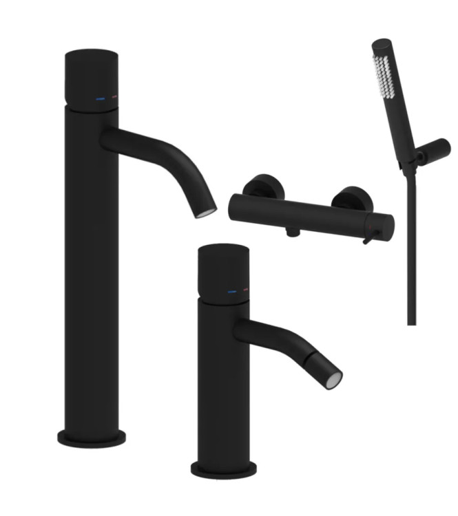 Set miscelatore lavabo prolungato e bidet senza leva con esterno doccia nero opaco - Light di Paffoni