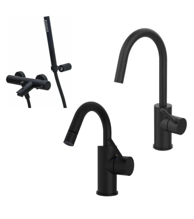 Set miscelatore lavabo e bidet canna a U con esterno doccia con supporto nero opaco - Light di Paffoni