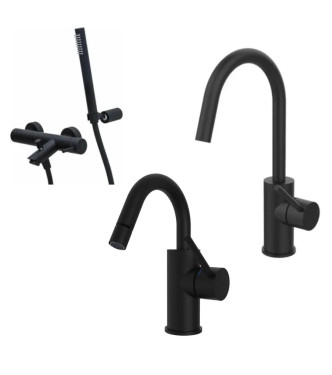 Set miscelatore lavabo e bidet canna a U con esterno doccia con supporto nero opaco - Light di Paffoni