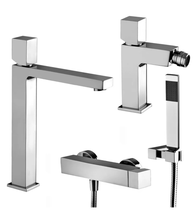 Set miscelatore lavabo prolungato e bidet con leva cubo con esterno doccia cromato - Elle di Paffoni