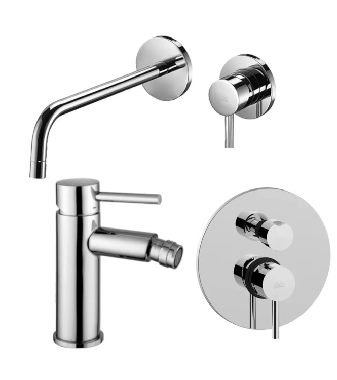Set miscelatore lavabo Ø 7 cm bocca 12,3 cm con bidet ed incasso doccia 2 uscite cromato - Stick di Paffoni