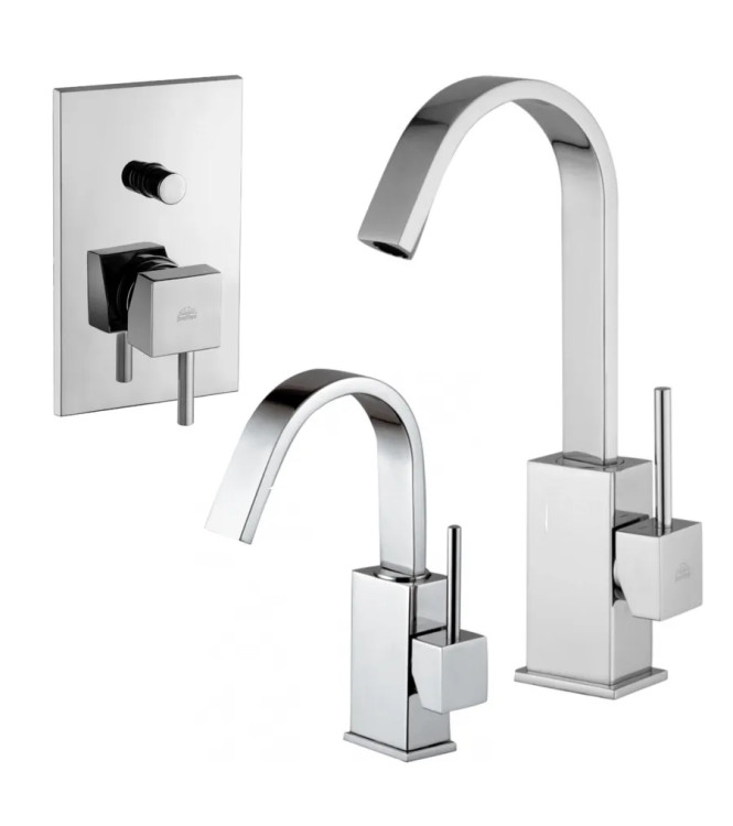 Set miscelatore lavabo e bidet con canna orientabile ed incasso doccia con deviatore e leva asta cromato - Level di Paffoni