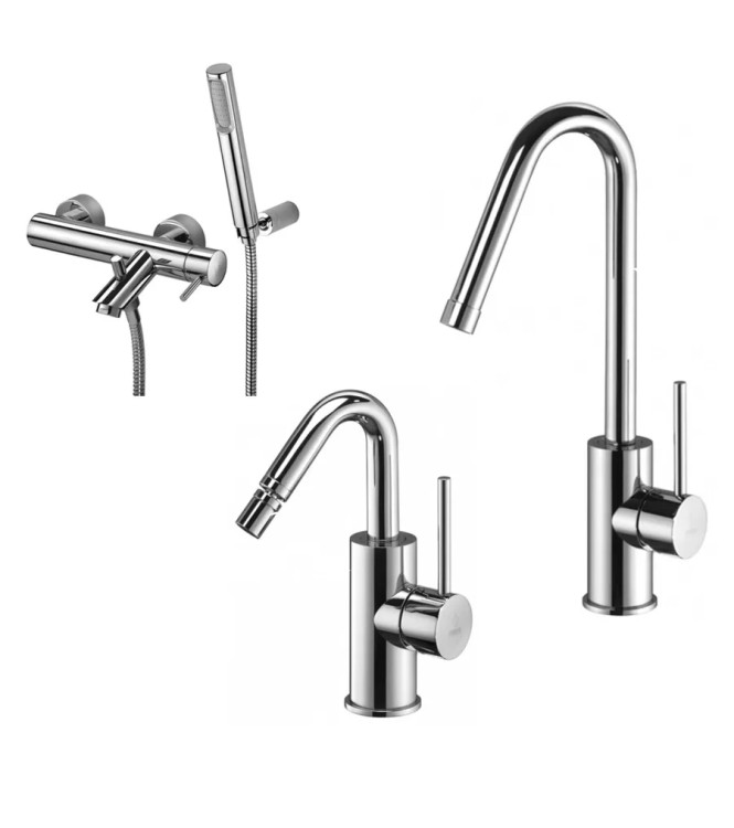 Set miscelatore lavabo e bidet canna orientabile con esterno doccia/vasca con supporto cromato - Light di Paffoni
