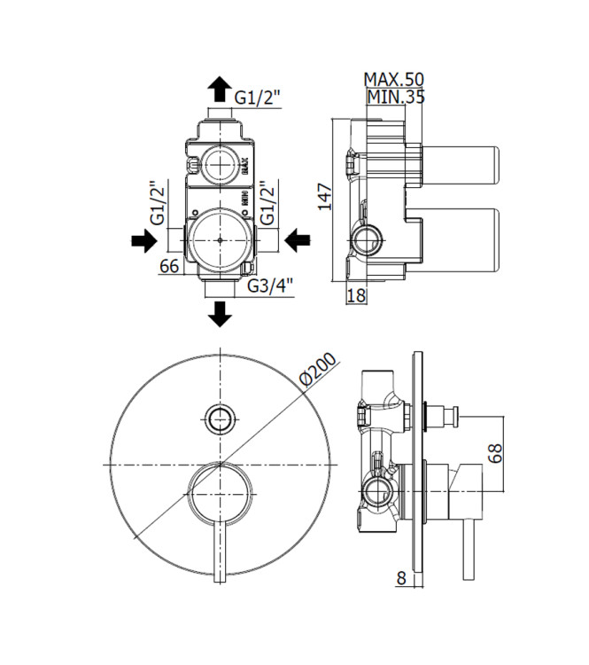 PAFFONI LIG015 LIGHT MISCELATORE INCASSO DOCCIA CON DEVIATORE NERO OPACO