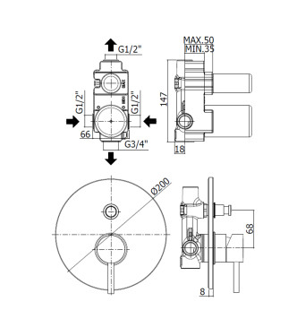 PAFFONI LIG015 LIGHT CONCEALED SHOWER MIXER WITH DIVERTER MATT BLACK