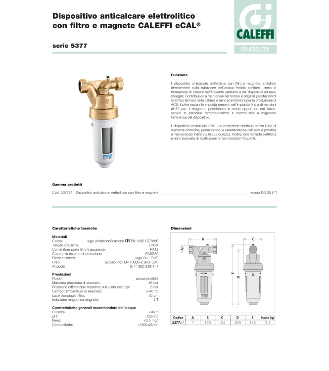 CALEFFI Dispositivo anticalcare elettrolitico con filtro e magnete D. 1"