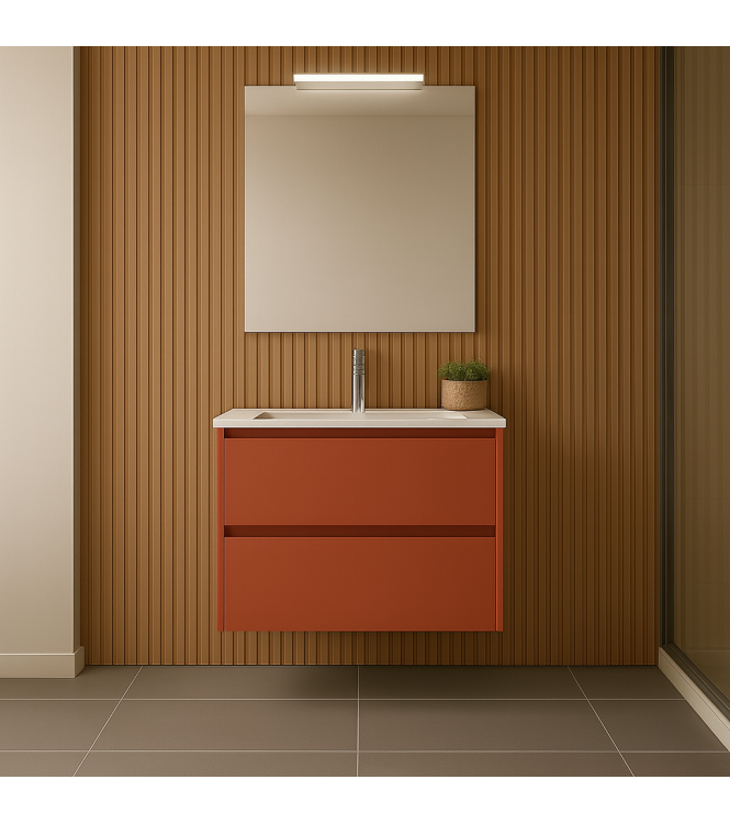 MOBILE BAGNO CLARA 60 CM ROSSO MATTONE SATINATO, 2 CASSETTI CON LAVABO E SPECCHIO CON LUCE