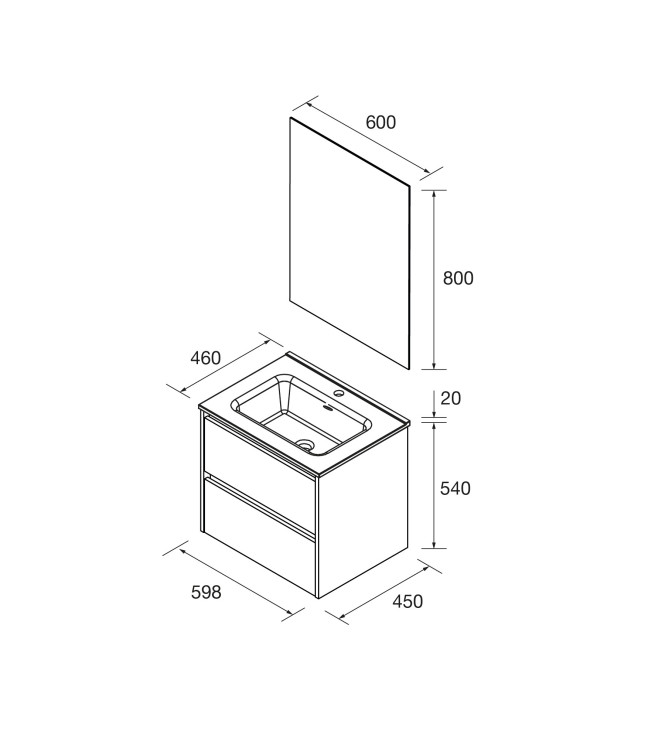 MOBILE BAGNO CLARA 60 CM ROSSO MATTONE SATINATO, 2 CASSETTI CON LAVABO E SPECCHIO CON LUCE