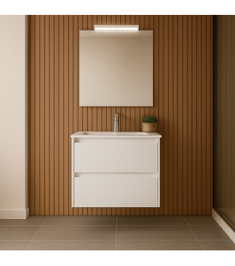 MOBILE BAGNO SOSPESO CLARA 60 CM BIANCO SATINATO, 2 CASSETTI  CON LAVABO E SPECCHIO CON LUCE LED