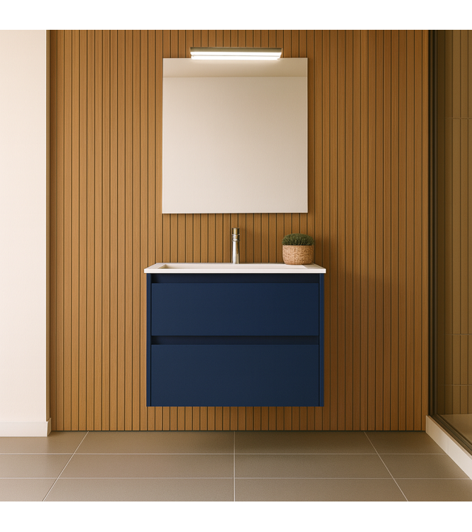 MOBILE BAGNO SOSPESO CLARA 60 CM BLU SATINATO, 2 CASSETTI CON LAVABO E SPECCHIO CON LUCE LED